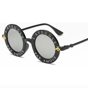 Black Round Sunglasses With Vintage Gold Bee Frames Silver Lens Design